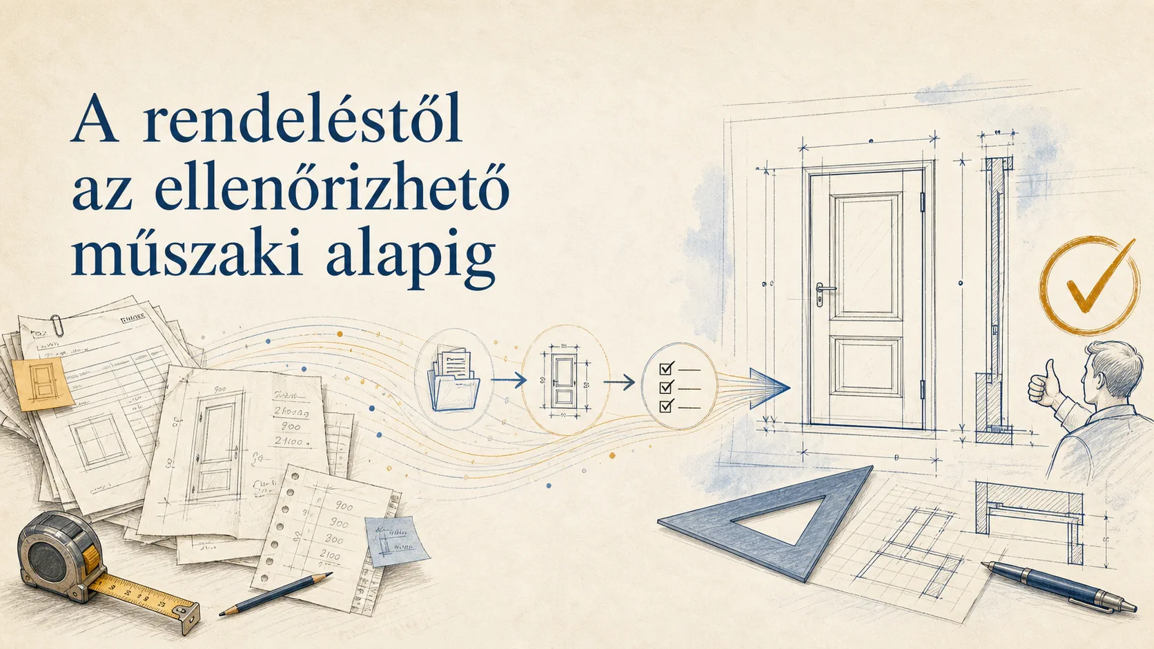 Rendelési adatokból ellenőrizhető műszaki alap felé haladó ajtóipari folyamat illusztrációja